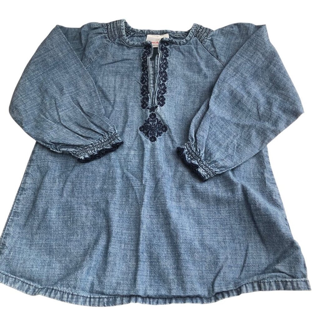 Hanna Andersson Embroidered Smocked Dress size 100 US 4 Blue Denim Long Sleeve